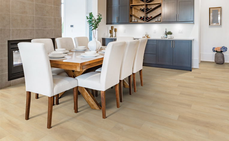 wood-look laminate in dining room with wood dining table and chairs