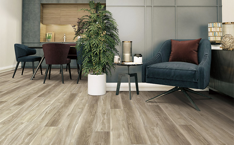 wood look vinyl flooring in living room with chair and side table