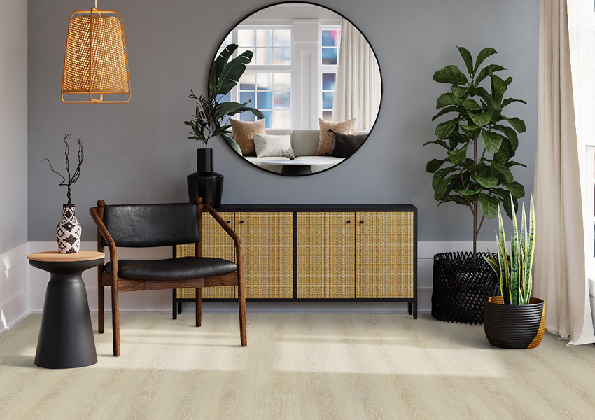 hardwood flooring in living room with biophilic interior design elements